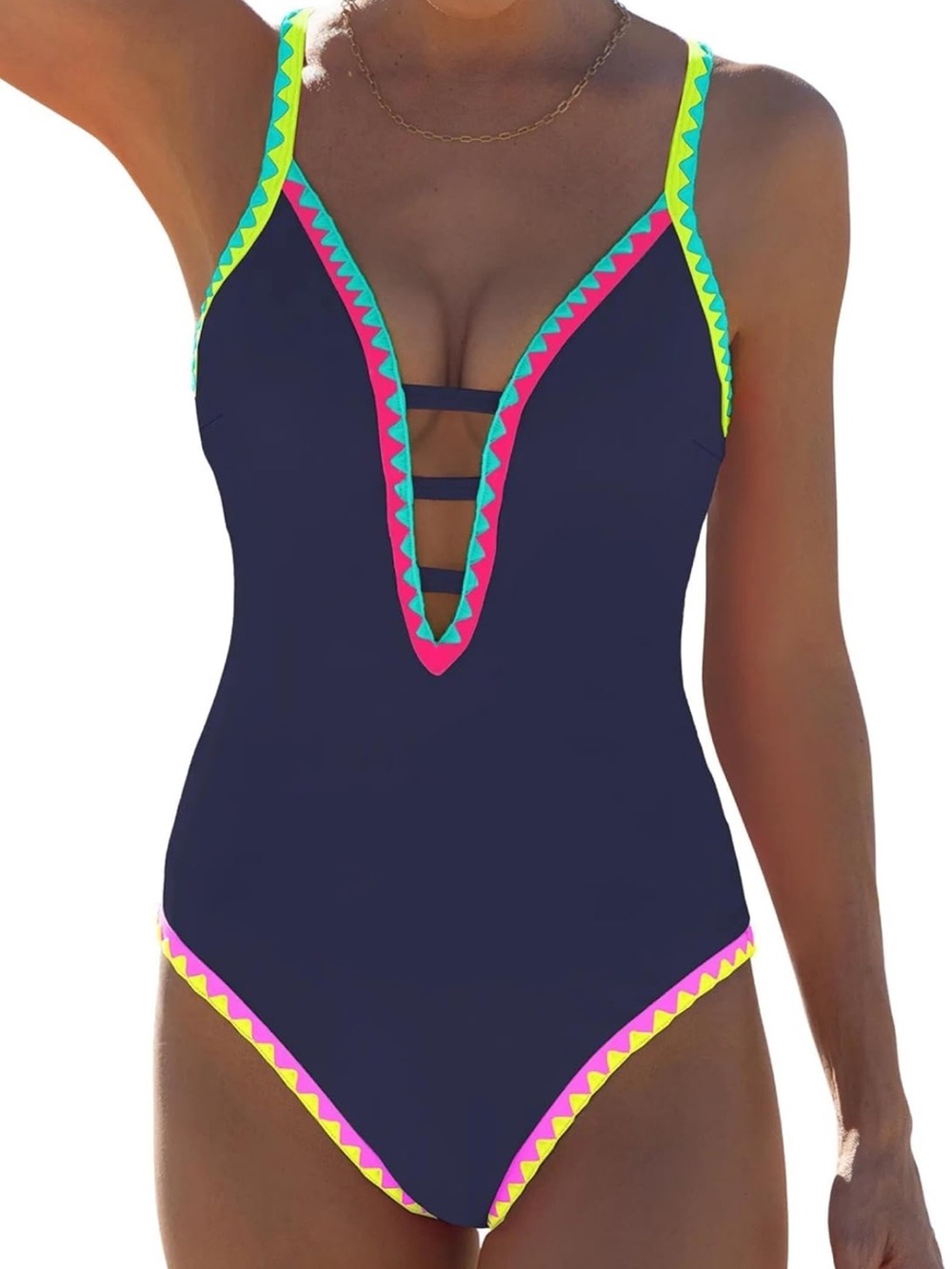 One Piece Swimsuit Tummy Control Deep V Neck Neon Cute Back Tie. 1959/2-2